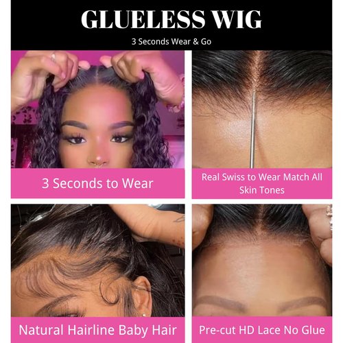 Glueless Wigs Human Hair Pre Plucked Pre Cut Kinky Curly Short Wear and Go Glueless Bob Wigs For Black Women Wet and Wavy Swiss Hd Transparent Lace Closure Wig 5x5 180% Density Middle Part (1B#16inch)