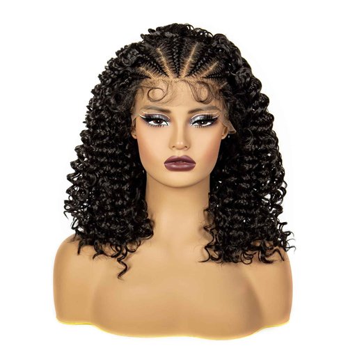 A ANYTIME Synthetic Lace Front Braided Wigs with Baby Hair for Black Women 16 Inches Knotless Box Braided Hair Wigs Curly Bob Braided Lace Wigs（2#）