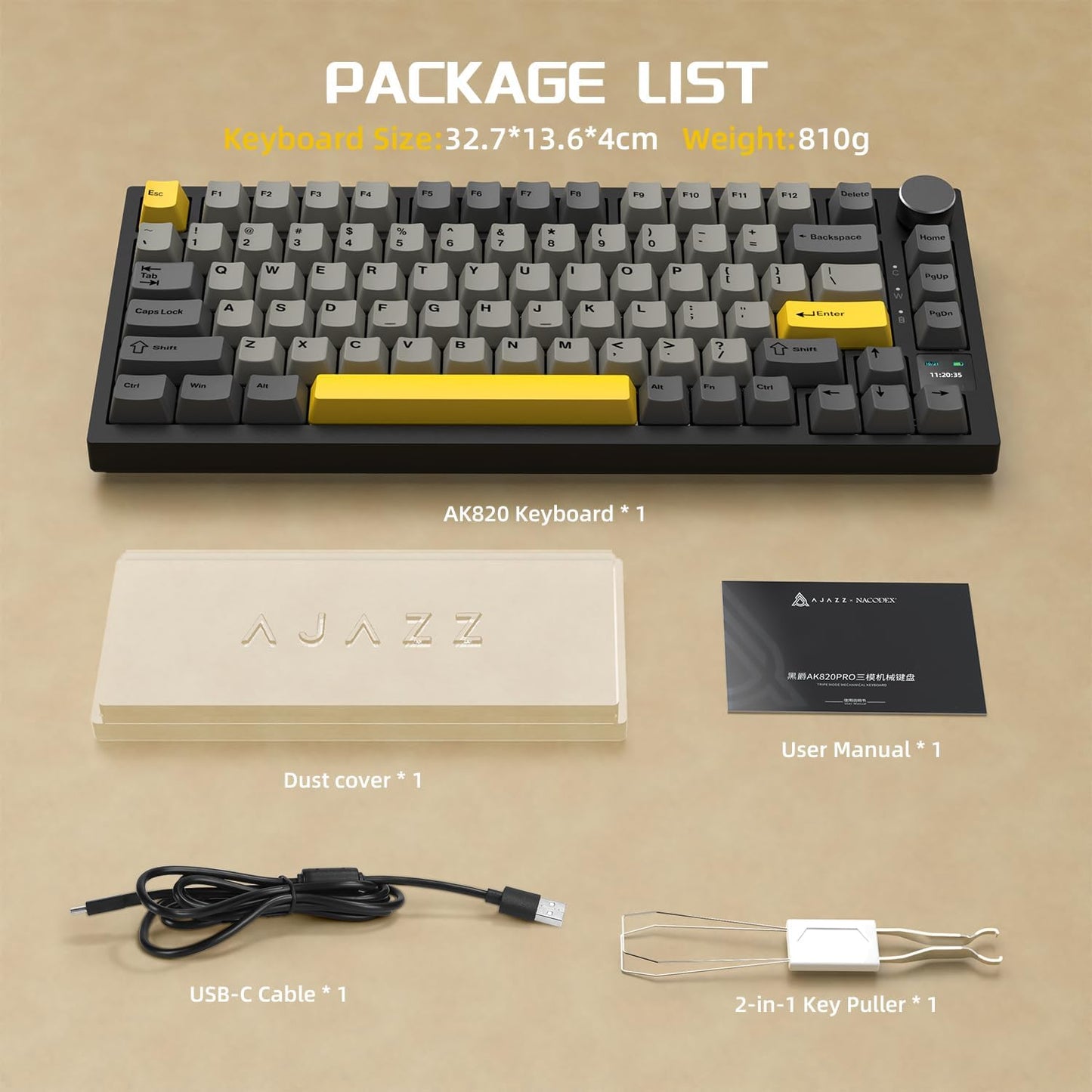 Attack Shark ajazz AK820 Pro 75% Mechanical Keyboard and Coiled Cable Hot Swappable Wireless 2.4GHz/Bluetooth/Wired TFT Screen & Knob Flying Fish Switch RGB Gasket Mount Custom Keyboard-Black