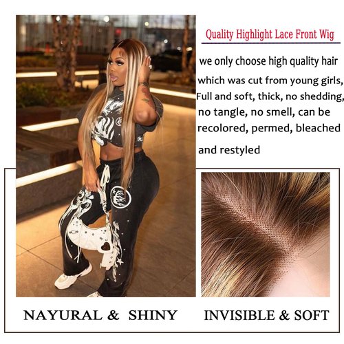 Teveshine 24inch Brown Highlighted Wig Human Hair 13x6 Straight Lace Front Wigs Human Hair Pre Plucked With Baby Hair 180% Density Glueless 4/27 Blonde Highlight Wig