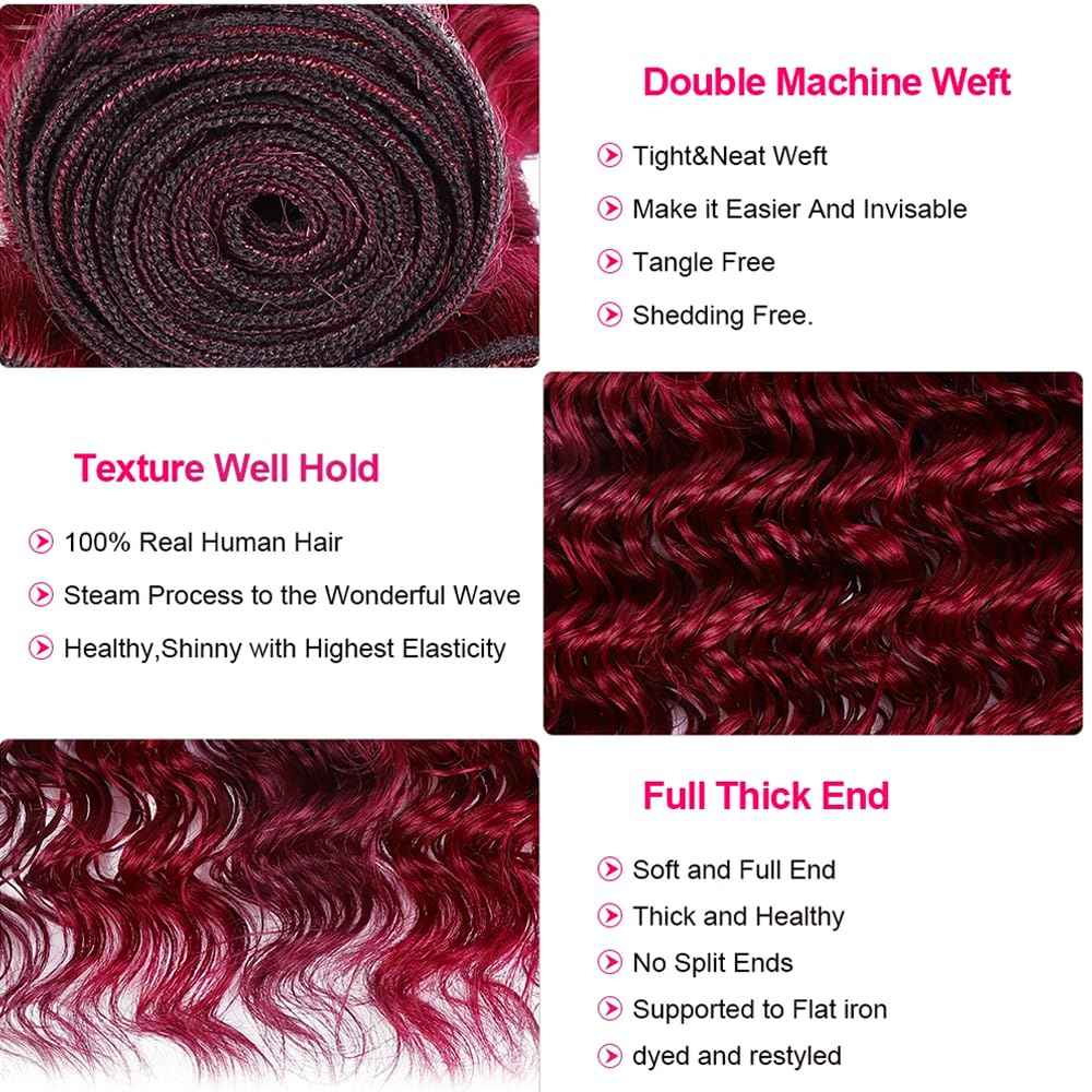 28 30 32 inch Red Human Hair Bundles Burgundy Deep Wave 3 Bundles Burgundy Human Hair Bundle Red Deep Wave Bundle 300g