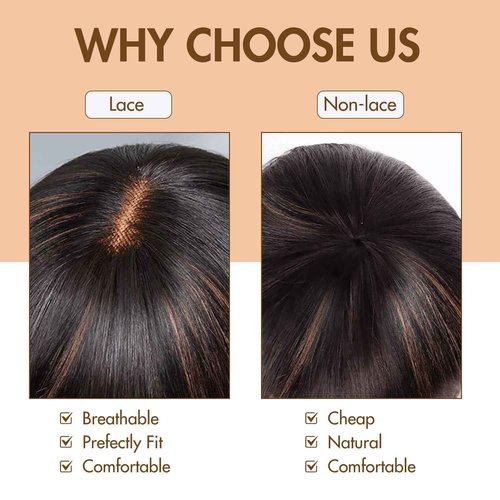 FFEGG Bob Wig with Bangs Human Hair Glueless HD Lace Straight Short Bob Wig with Brown Highlights, Ready to Go Short Wigs For Women （12 Inch bob wig）