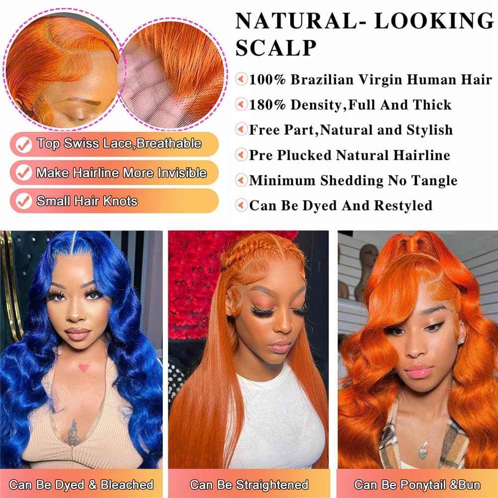 Ginger Orange Lace Front Wigs Human Hair Body Wave 13x4 HD Transparent #350 Ginger Lace Front Wig Human Hair Wear and Go Glueless Ginger Wigs Human Hair Pre Plucked Colored Wigs For Black Women