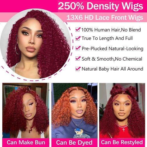 Bob Wig Human Hair 99j Burgundy 13x6 Deep Wave HD Lace Front Wigs Human Hair 250% Density Burgundy Bob Curly Lace Frontal Wigs Brazilian Virgin Human Hair Wigs Pre Plucked with Baby Hair (#99j,8Inch)