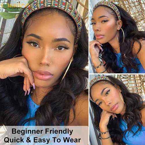 Justres Body Wave Headband Wigs Human Hair for Black Women 18 Inch None Lace Front Head bandWigs 180% Density Glueless Wear and Go Wig Machine Made Headband Wigs Natural Black Color