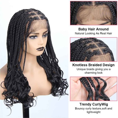 lounoke 18 Inch Braided Wigs With Curly Ends, 360 Single Full Lace French Curl Braided Wigs for Black Women Knotless Box Braid Wig with Baby's Hair