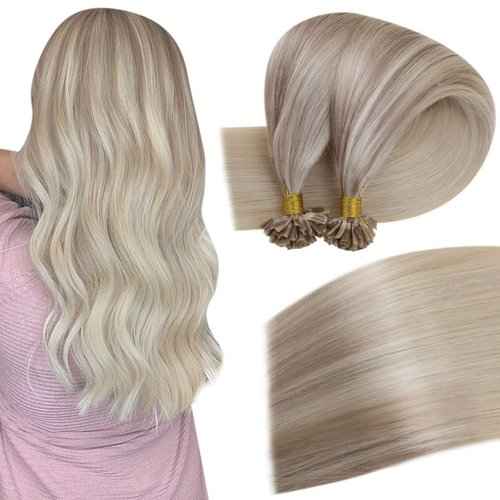 Easyouth U Tip Hair Extensions Human Hair Pre Bonded Hair Extensions Ombre Ash Blonde to Light Blonde Mixed Platinum Blonde Utips Human Hair Extensions Hot Fusion 50g 18inch