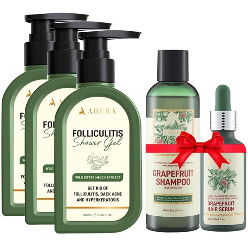 ABERA Folliculitis BHA Shower Gel, High-Performance Folliculitis Body Wash, Wild Bitter Melon Extract, Reduces Bacne & Hyperkeratosis, 3 Boxes + Gifts Combo Grapefruit Hair Regrowth Serum & Shampoo