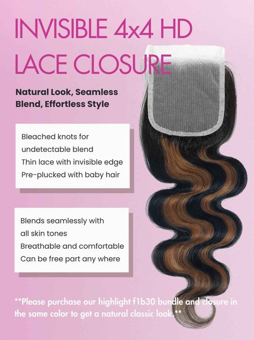 Anmetan Highlight Honey Blonde FB30 Body Wave Human Hair Bundles with 4x4 Lace Closure, Black and Brown Highlight 3 Bundles with HD Transparent Lace Soft 12A Remy Hair Balayage Colored 12 14 16 +12 In