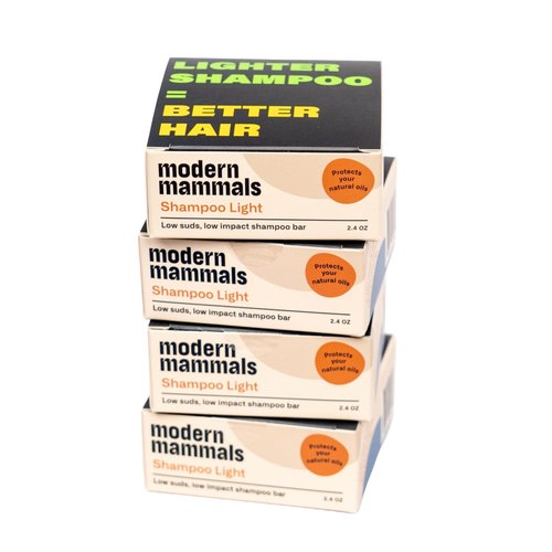Modern Mammals Light Shampoo Bar - Gentler Wash for Better Hair, Minimalist Hair Care, Low Lather, Sensitive Scalps, No Poo, Vegan, Natural Ingredients, Fragrance-Free (4 Pack x 2.4oz Bars)