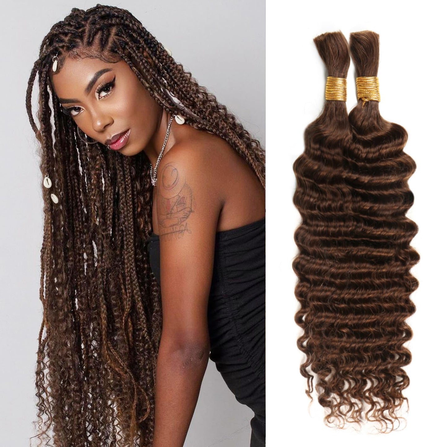 Human Braiding Hair 24 Inch 100g Chocolate Brown Deep Wave Bulk Human Hair for Braiding No Weft Curly Bundles Human Hair Extensions for Boho Knotless Braids Wet and Wavy Braiding Hair (#4)