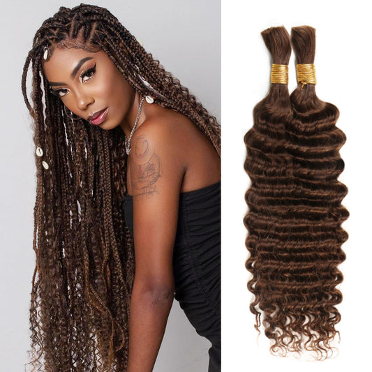 Human Braiding Hair 24 Inch 100g Chocolate Brown Deep Wave Bulk Human Hair for Braiding No Weft Curly Bundles Human Hair Extensions for Boho Knotless Braids Wet and Wavy Braiding Hair (#4)