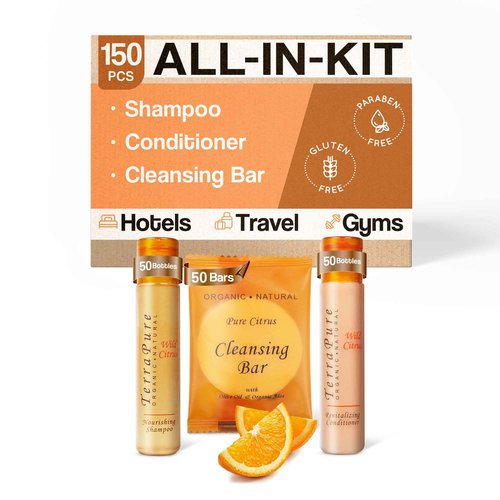 Terra Pure Wild Citrus Soaps & Toiletries Bulk Set | 1-Shoppe Amenities Kit for Hotels & Vacation Rentals | 1 oz Shampoo & Conditioner, 40g Cleansing Bar | 150 Pieces