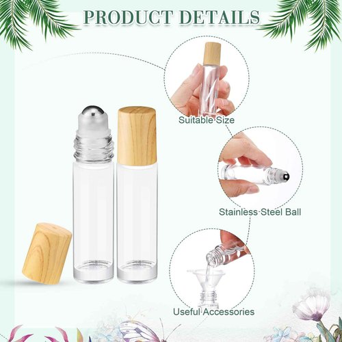 Sumind 150 Pcs Essential Oil Roller Bottles 10 ml Glass Empty Roll on Bottles with Stainless Steel Balls Leak Proof with 5 Funnel for Travel Essential Oil(Clear, Wood)