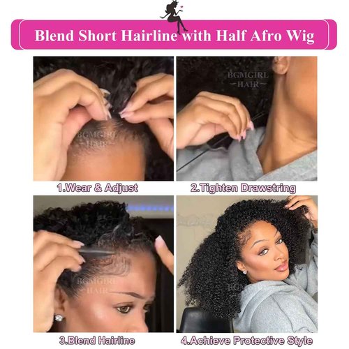 BGM GIRL Half Wig Human Hair Kinky Curly 3 in 1 Wigs Beginner Friendly Flip Over Drawstring Glueless Wig Kinky Curly Ready to Go Seamless Clip in Wigs Natural Black Color 18 Inch