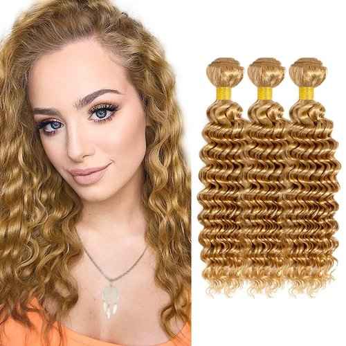 Color 27 Human Hair Bundles Blonde Deep Wave Human Hair Bundles Honey Blonde Bundle 22 24 26 inch #27 Deep Wave Bundle
