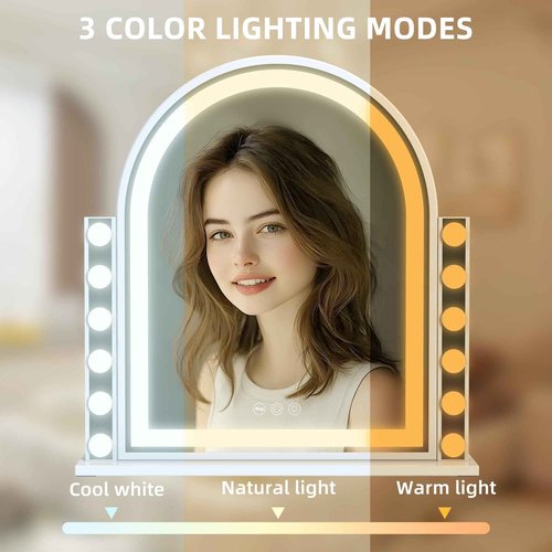 Hansong Hollywood Vanity Mirror with Lights 22.4"x23.4" Arched Lighted Makeup Mirror with Lights 12 Dimmable Bulbs Three Color Lighting Modes Detachable 10X Magnification Smart Touch Control