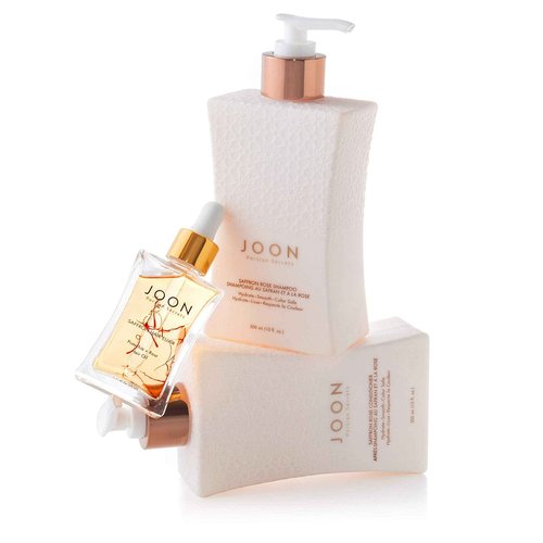 Joon Moisturizing Trio Set | 1.1oz Saffron Hair Elixir, 10.1oz Saffron Rose Shampoo and Conditioner