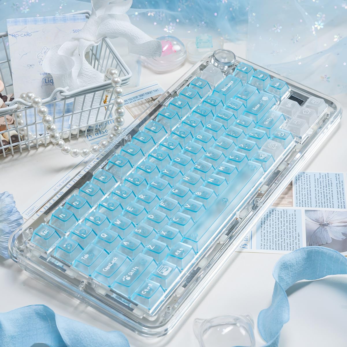 136 Keys Blue Clear Keycaps Cherry Profile Transparent Keycaps Set Fit for 61/64/87/104/108 Cherry Mx Switches Mechanical Keyboard