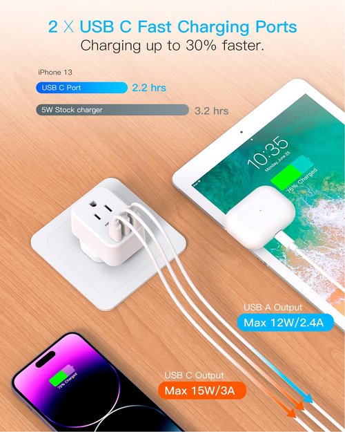 US to UK Ireland Travel Plug Adapter, HANYCONY Type G Travel Adapter 2 Outlets 3 USB Ports(2USB C), UK Power Adapter Converter for USA to Dubai England London Scotland British Kenya Irish Hongkong