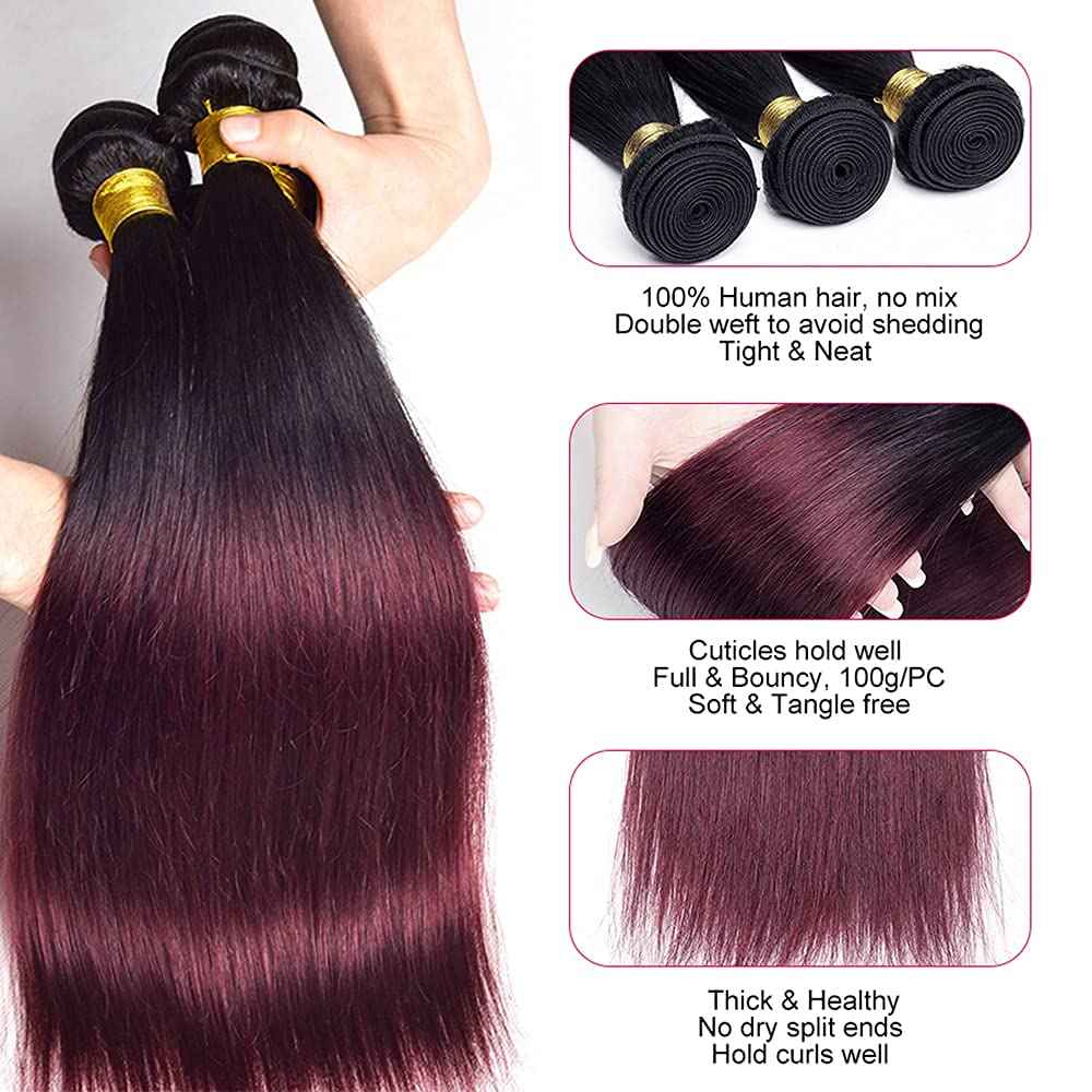 Habiliana Bundles Human Hair 26 28 30 Inch Straight Burgundy T1B/99J Human Hair Bundles 11A Unprocessed Brazilian Virgin Quick Weave Hair Extensions for Black Women