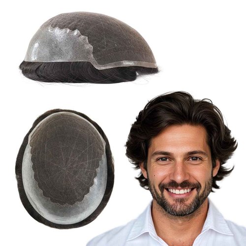 Tresshairca Human Hair Toupee for Men, Natural and Comfortable, French Lace and Polyskin Base, Real Human Hair, 6"x8"