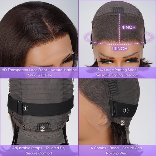 Dark Brown Bob Wig Human Hair 13X4 Lace Front Wigs Human hair 180% Density Short Straight Frontal Bob Wig HD Transparent Lace Frontal wigs Pre Plucked for Women With Baby Hair Dark Brown Color 14 Inch