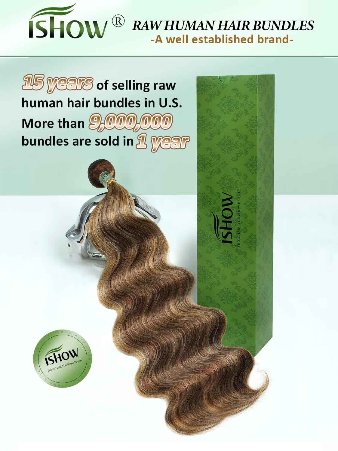 ISHOW Raw Human Hair Bundles, 100% Unprocessed Virgin Human Hair, 15A Body Wave Premium Quality Bundles Producer, 18 Inch Single Bundle, Long Lasting, Ombre Honey Blonde Color P4/27