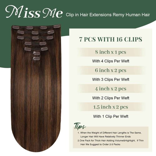 Missme Clip In Hair Extensions Real Human Hair,14in 110g 7pcs Balayage Dark Brown Mixed Chestnut Brown Invisible Straight Seamless Clip Ins Hair Extensions For Women