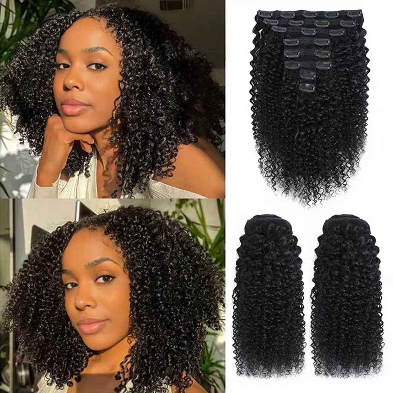 Geogroket Kinky Curly Clip in Hair Extensions for Women 3C 4A Kinky Curly Clip ins 10A Brazilian Virgin Human Hair Curly Hair Extensions 16pcs 240g/set Natural Black （20 Inch）