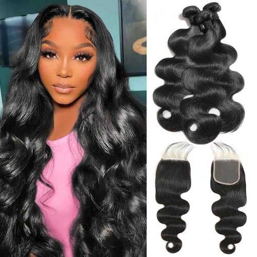 Body Wave Bundles with Closure 20 22 24+18 Inch 100% Brazilian Virgin Human Hair Bundles with Closure 12A Unprocessed Body Wave Weave 3 Bundles Human Hair with Closure 4x4 HD Lace
