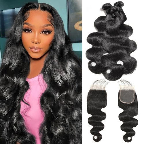 Body Wave Bundles with Closure 18 20 22+16 Inch 100% Brazilian Virgin Human Hair Bundles with Closure 12A Unprocessed Body Wave Weave 3 Bundles Human Hair with Closure 4x4 HD Lace