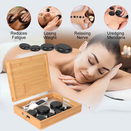 OnVisit Hot Stone Massage Set with Warmer Kit,10 PCS Rocks Stones with Bamboo Heater Box,Massage Warmer Kit with Temperature Control and Timming Setting,Massage Stone Heater for Spa & Home Use