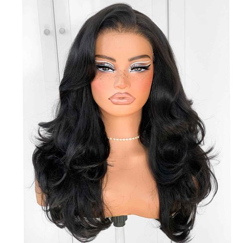 MITIMES Voluminous Feather Layered Hair Flip Out Preplucked Precision-Precut-cut Ready-to-Go Glueless 13x6 HD Synthetic Lace Front Wig Natural Black Wig