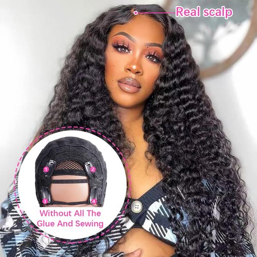Deep Wave U Part Human Hair Wig Curly U Part Wigs Glueless Human Hair wigs for Black Women None Lace Front Wigs Full Head Clip In Half Wig UPart Hair Extension Natural Color 180% Density 16 Inch