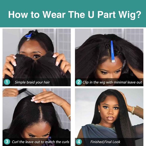 Ainmeys Kinky Straight U Part Wigs 200% Brazilian Yaki Straight Upgrade U Shape Human hair Wigs With Drawstring for Women No leave out wear and go Glueless Clip In Half Wigs (16INCH)