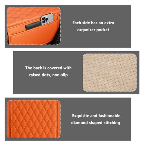 Upgraded Car Center Console Cover,Microfiber Leather Car Armrest Cover Cushion with 2 Storage Bags,Universal Car Armrest Storage Box Car Interior Accessories for Most Cars (Orange)