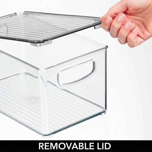 mDesign Deep Plastic Bathroom Storage Bin Box, Lid/Built-in Handles, Organization for Makeup, Hair Styling Tools, Toiletry Accessories in Cabinet, Shelves, Ligne Collection, 4 Pack, Clear/Smoke Gray