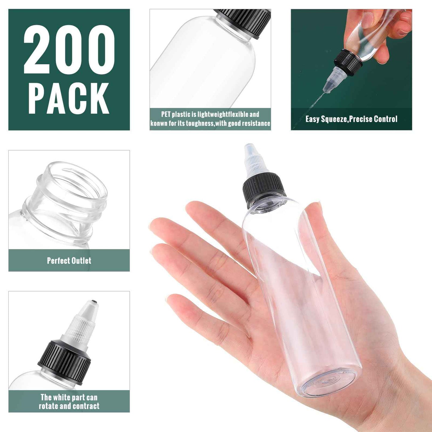 Irenare 200 Pcs 4 oz Plastic Squeeze Bottles Bulk Hair Oil Applicator Bottles Boston Empty Squeeze Condiment Bottle with Twist Top Cap Leak Proof for Liquids Oils Art Crafts Household Kitchen (Clear)
