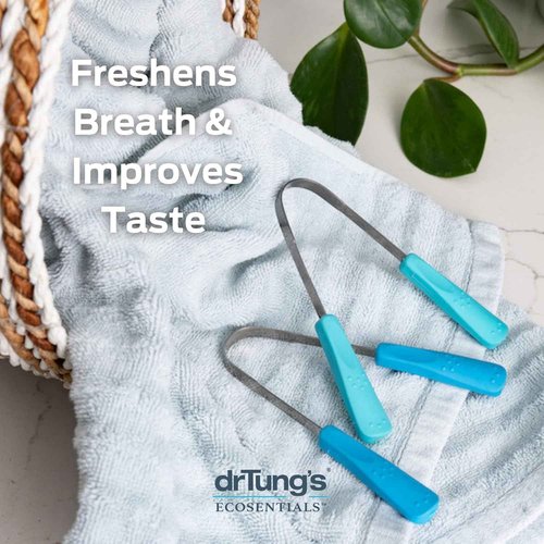 drTung's Stainless Steel Metal Tongue Scraper - Tongue Cleaner for Adults, Kids, Helps Freshen Breath, Easy to Use Comfort Grip Handle, Comes with Fabric Travel Pouch - 6 Pack