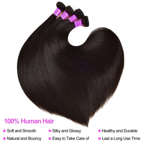 fphko 12A Human Hair Bundles Straight 4 Bundles 100% Unprocessed Brazilian Virgin Hair Double Weft Bundles Deals Human Hair Straight Human Hair Extensions Natural Color (4 Bundles, 22222222)