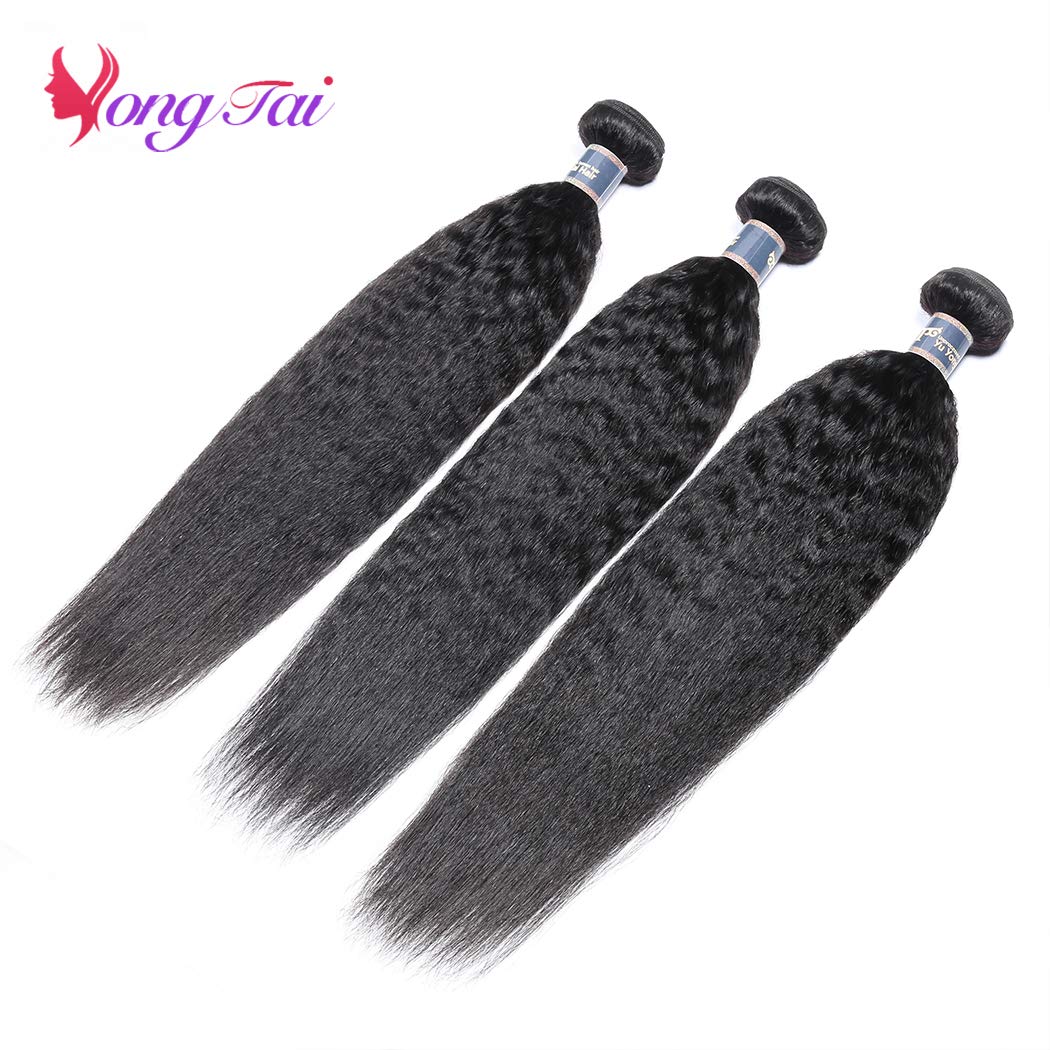 Kinky Straight Hair 3 Bundles 14 16 18 Inch 100% Unprocessed Brazilian Yaki Straight Bundles Human Hair Weave Extensions 1B Color Kinky Straight Human Hair for Women