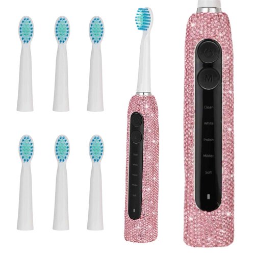 Veseek Diamond Sonic Electric Toothbrush Bling Rechargeable Toothbrushes for Adults with 6 Brush Heads Vibrating Toothbrush-5 Modes, USB-C Fast Charge,2Min Smart Timer,IPX7 Waterproof(Pink)