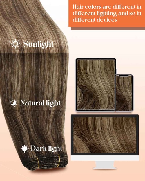 Sunny Hair Sew in Hair Extensions Real Human Hair Dark Brown with Caramel Blonde Highlights Weft Hair Extensions Human Hair Brown Sew in Extensions for Women Real Hair Bundles Human Hair 20inch 100g