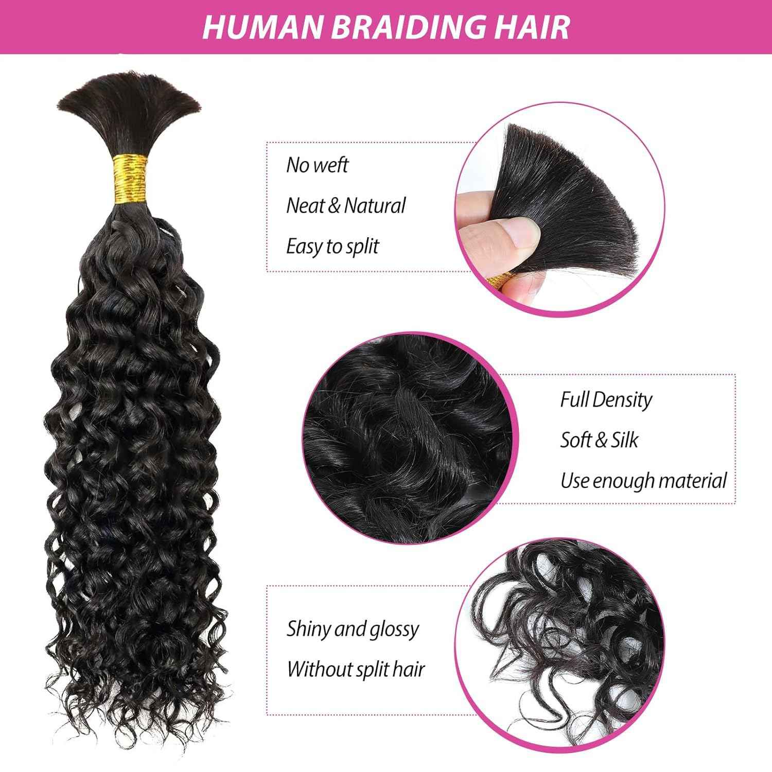 Human Braiding Hair, 3 Bundles 150g Water Wave Bulk Boho Hair for Braiding, 12A Curly Human Braiding Hair for Boho Knotless Braids Bundles Natural Color 20 Inch