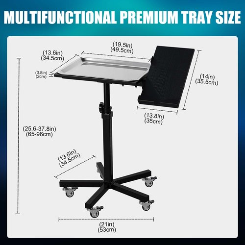 POARMEEY Mobile Tattoo Tray Cart with Wheels, Height Adjustable Stand, Removable Steel Tray, Rolling Tray for Salon and SPA Use