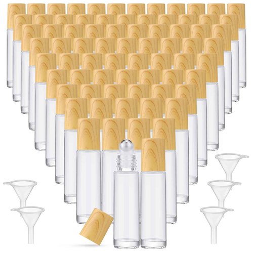 Sumind 150 Pcs Essential Oil Roller Bottles 10 ml Glass Empty Roll on Bottles with Stainless Steel Balls Leak Proof with 5 Funnel for Travel Essential Oil(Clear, Wood)