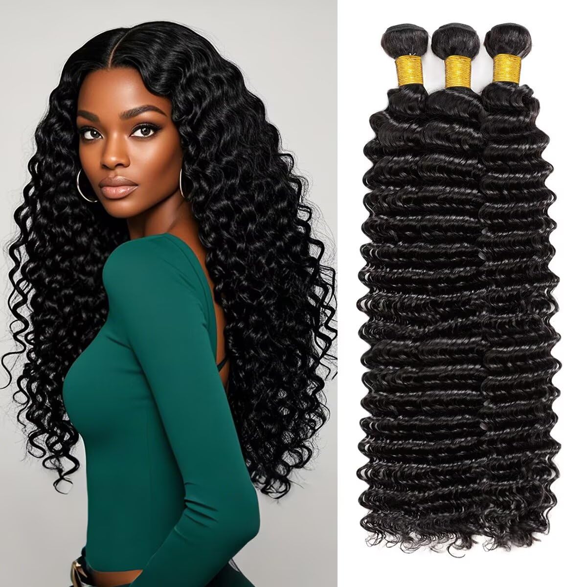 12A Human Hair Bundles 14 16 18 Inch Deep Wave Bundles Human Hair 100% Unprocessed Brazilian Virgin Deep Curly Weave 3 Bundle Water Wavy Hair Extensions Real Human Hair 1B Bundle for Women