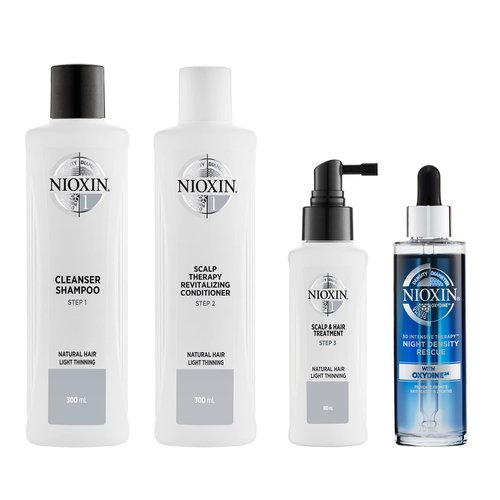 Nioxin System Kit 1, Cleanse, Condition, & Treat the Scalp for Thicker & Stronger Hair, 3 Month Supply + Night Density Rescue, Overnight Leave-in Antioxidant Serum for Hair Density Thickness