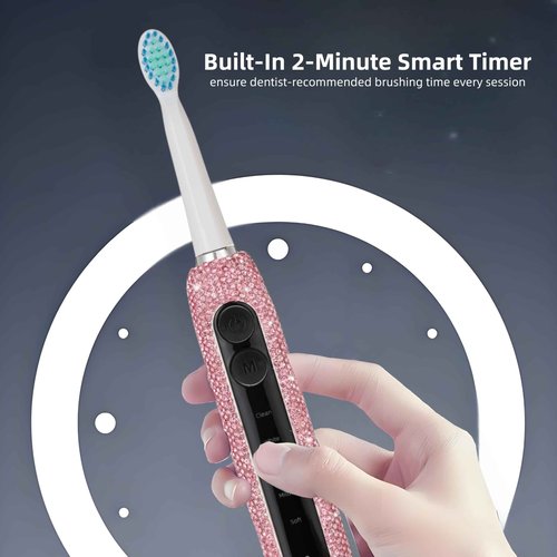 Veseek Diamond Sonic Electric Toothbrush Bling Rechargeable Toothbrushes for Adults with 6 Brush Heads Vibrating Toothbrush-5 Modes, USB-C Fast Charge,2Min Smart Timer,IPX7 Waterproof(Pink)